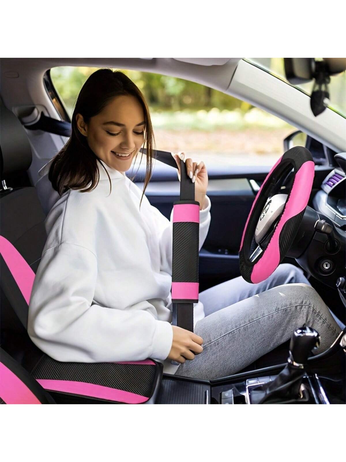 43-Piece Deluxe Pink Car Seat Cover Set: Leather Steering Wheel Cover, Cup Holder, Armrest Cushion, Seat Belt Cover, Air Freshener For Most Cars, SUVs And Trucks- The Perfect Choice For Stylish Ladie