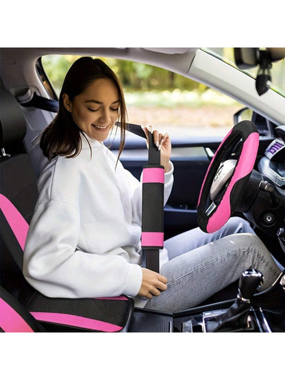 43-Piece Deluxe Pink Car Seat Cover Set: Leather Steering Wheel Cover, Cup Holder, Armrest Cushion, Seat Belt Cover, Air Freshener For Most Cars, SUVs And Trucks- The Perfect Choice For Stylish Ladie