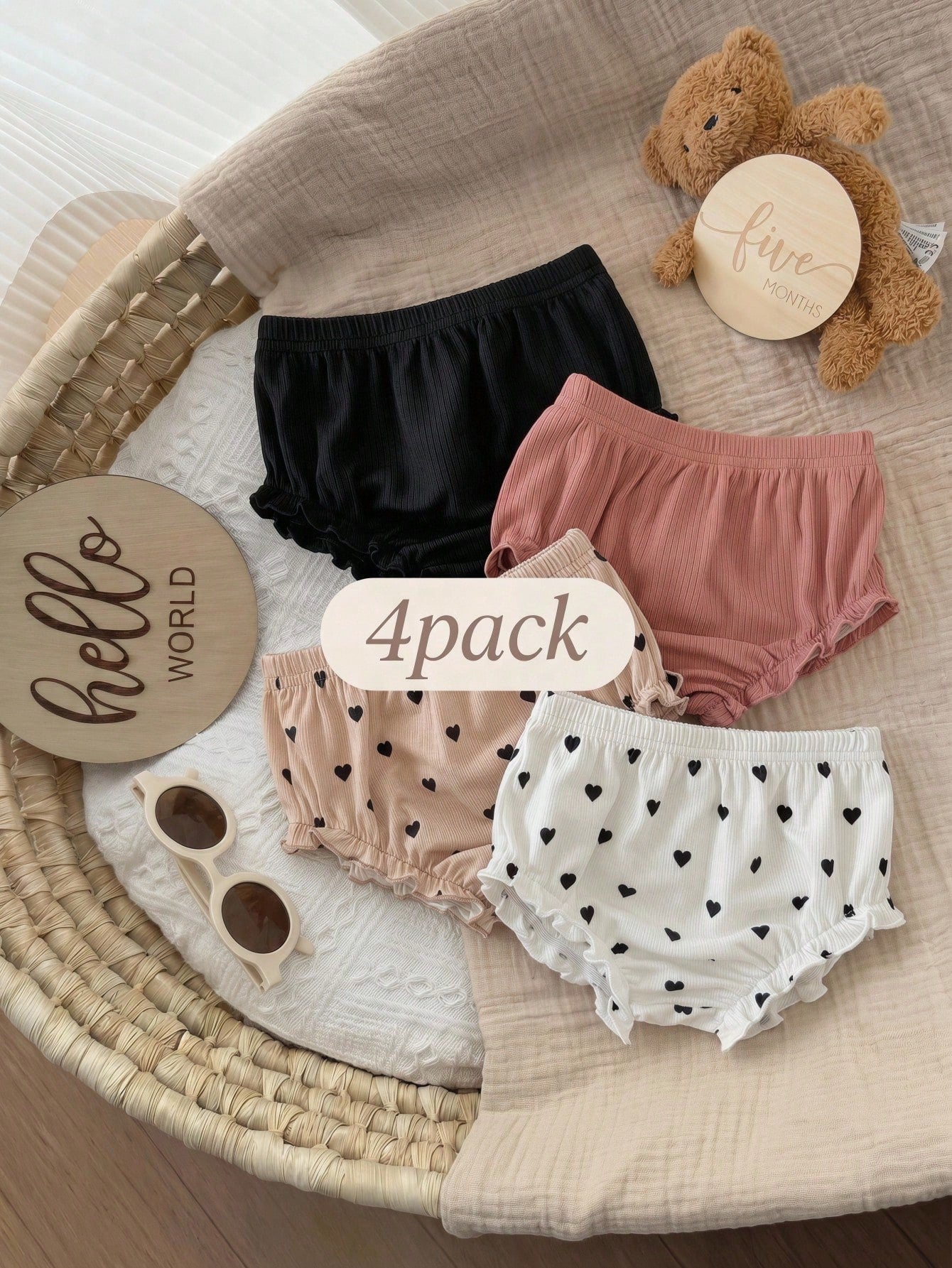 4pcs Baby Girl Knitted Casual Solid Color Elastic Waist Triangle Briefs