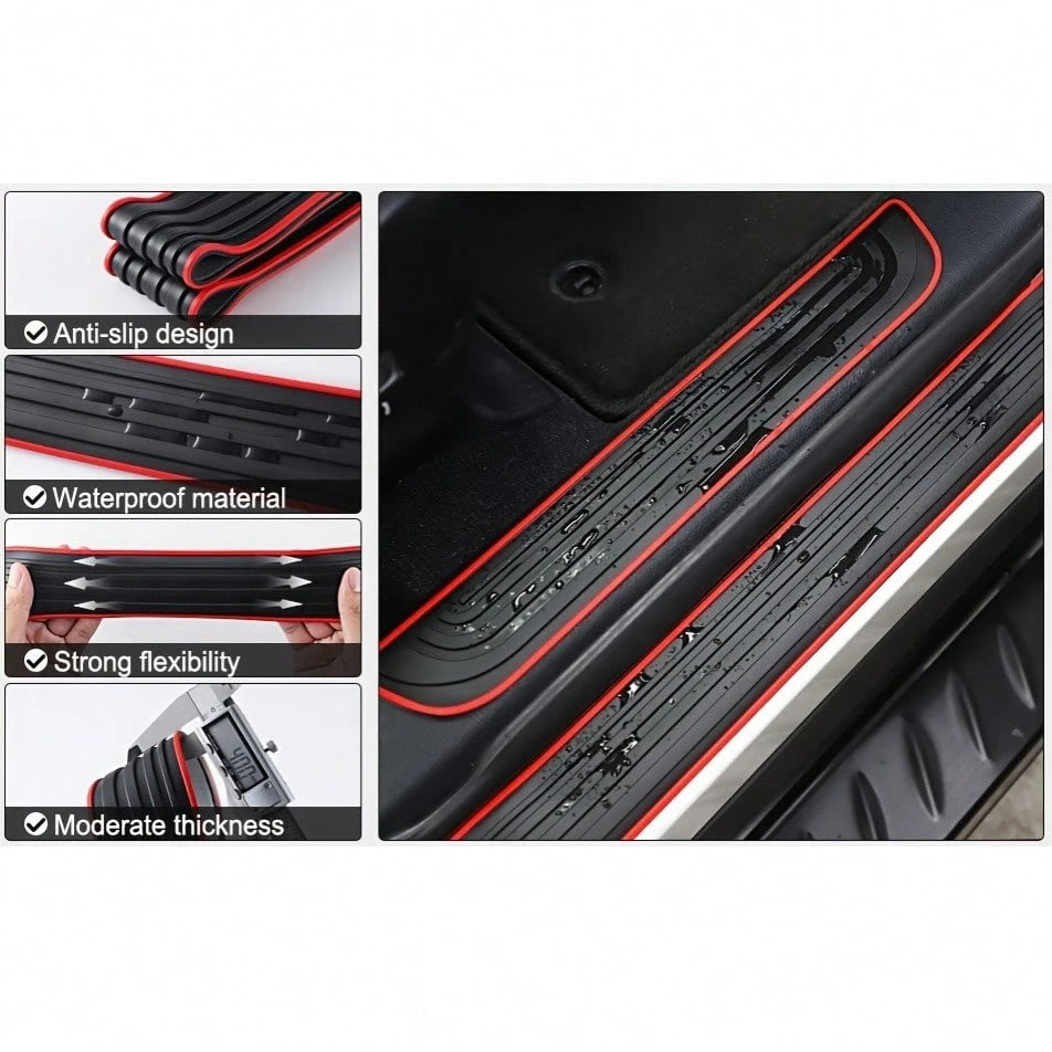 4pcs Black Rubber Door Sill Protectors With Red Trim- Durable, Scratch-Resistant, Dust-Proof, Suitable For Sedans And SUVs, Universal Anti-Scratch Interior Protection| Modern Interior Decor| Rubber