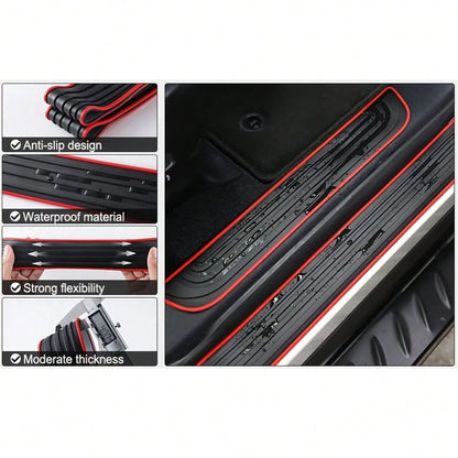 4pcs Black Rubber Door Sill Protectors With Red Trim- Durable, Scratch-Resistant, Dust-Proof, Suitable For Sedans And SUVs, Universal Anti-Scratch Interior Protection| Modern Interior Decor| Rubber