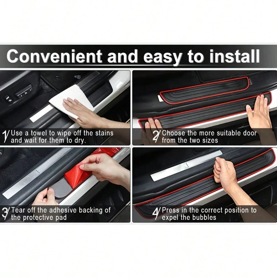 4pcs Black Rubber Door Sill Protectors With Red Trim- Durable, Scratch-Resistant, Dust-Proof, Suitable For Sedans And SUVs, Universal Anti-Scratch Interior Protection| Modern Interior Decor| Rubber