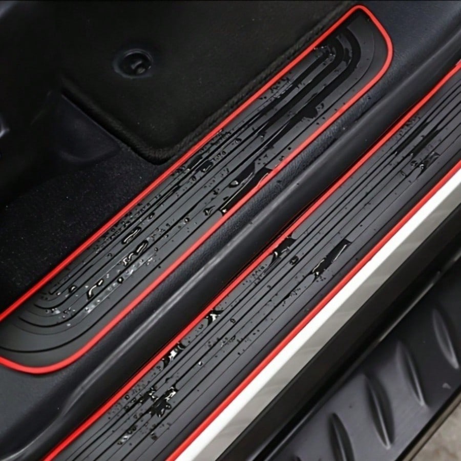 4pcs Black Rubber Door Sill Protectors With Red Trim- Durable, Scratch-Resistant, Dust-Proof, Suitable For Sedans And SUVs, Universal Anti-Scratch Interior Protection| Modern Interior Decor| Rubber