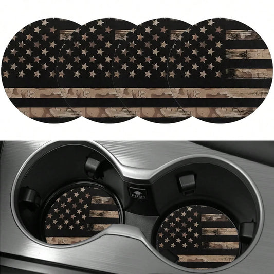 4PCS Brown Retro American Flag Coaster, 2.755-Inch Round PU Leather Decorative Coaster, Home And Car Water Cup Mat, Beverage Mat, Men's And Women's Car Interior Accessories, Brown Design American Flag