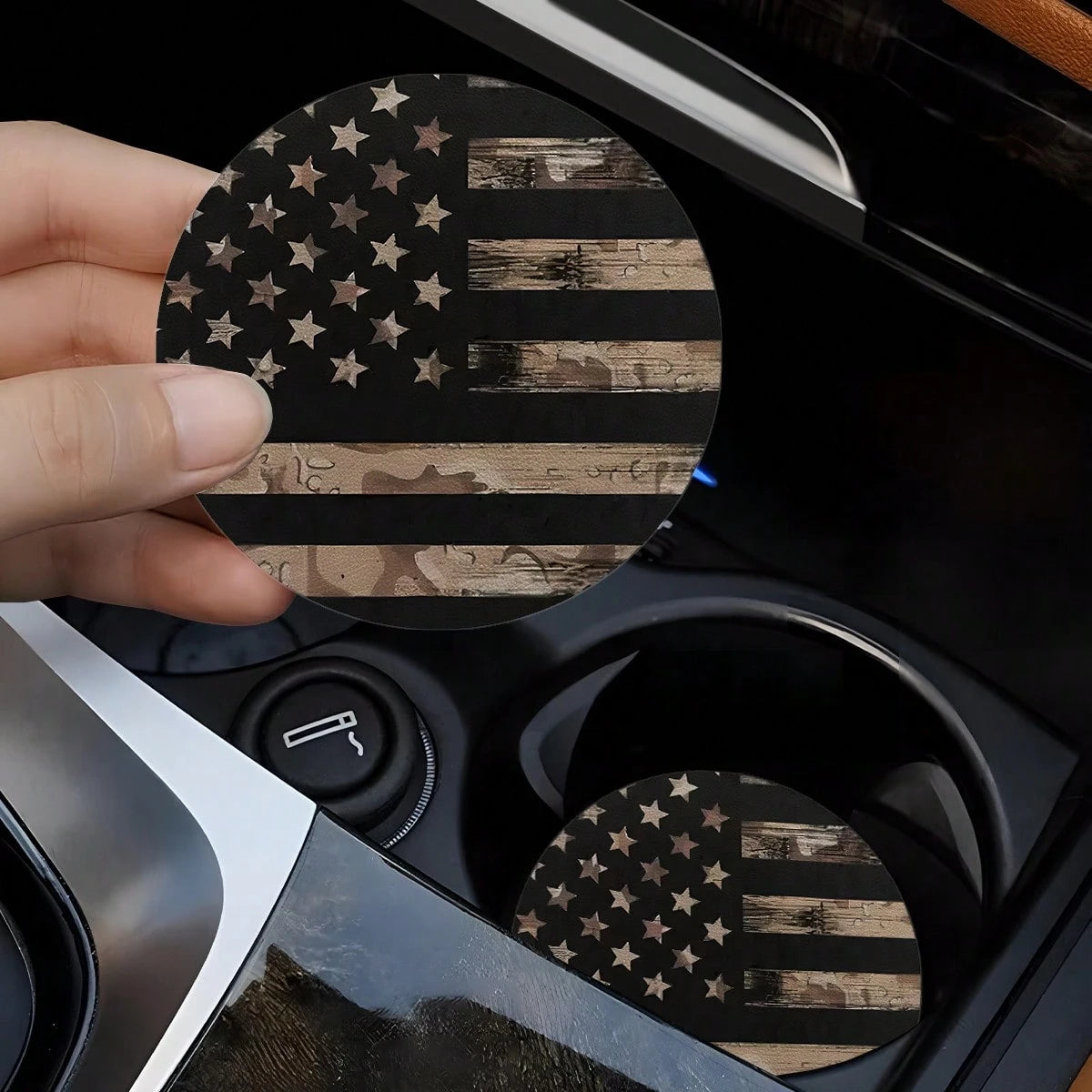 4PCS Brown Retro American Flag Coaster, 2.755-Inch Round PU Leather Decorative Coaster, Home And Car Water Cup Mat, Beverage Mat, Men's And Women's Car Interior Accessories, Brown Design American Flag