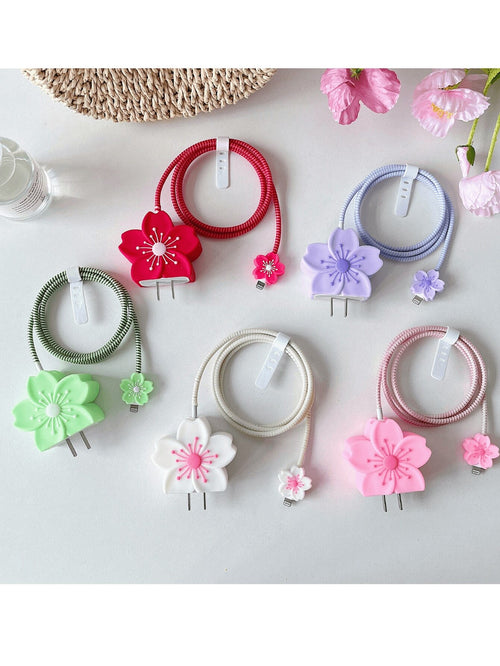 4pcs Colorful Flower Pattern Protective Cases Compatible With Apple 20W Fast Charger And Data Cable
