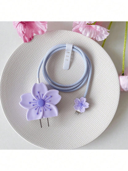 4pcs Colorful Flower Pattern Protective Cases Compatible With Apple 20W Fast Charger And Data Cable