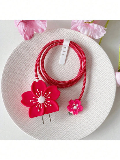 4pcs Colorful Flower Pattern Protective Cases Compatible With Apple 20W Fast Charger And Data Cable