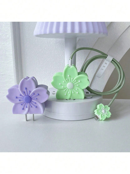 4pcs Colorful Flower Pattern Protective Cases Compatible With Apple 20W Fast Charger And Data Cable