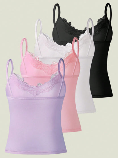 4pcs Lace Camisole Tops, Versatile & Comfortable Underwear, Lace Camisole Tops For All Seasons