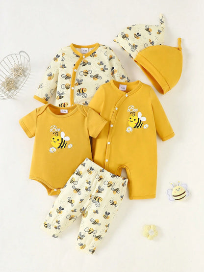 4pcs Newborn Baby Gift Set  Includes Minimalist Bee & Daisy Print Jumpsuit  Long Sleeve Romper  Short Pants  2 Beanies Clothes Cotton