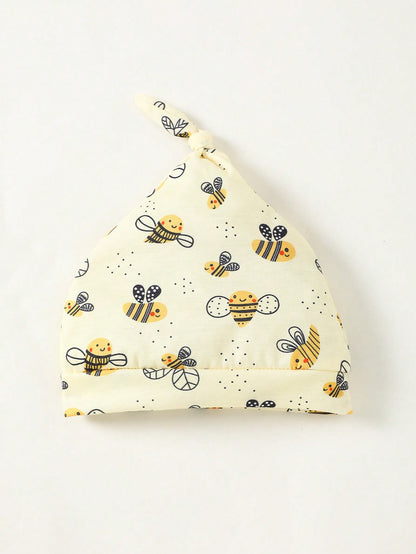 4pcs Newborn Baby Gift Set  Includes Minimalist Bee & Daisy Print Jumpsuit  Long Sleeve Romper  Short Pants  2 Beanies Clothes Cotton