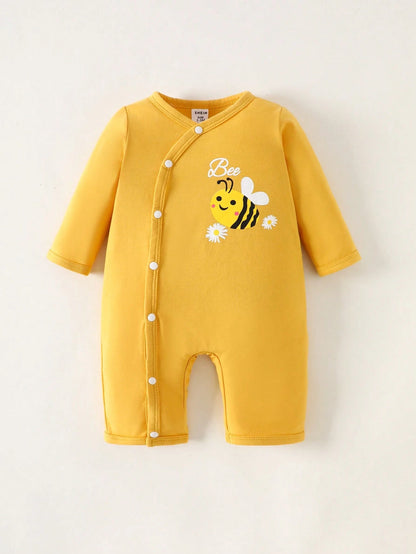 4pcs Newborn Baby Gift Set  Includes Minimalist Bee & Daisy Print Jumpsuit  Long Sleeve Romper  Short Pants  2 Beanies Clothes Cotton