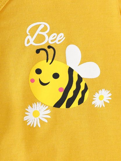 4pcs Newborn Baby Gift Set  Includes Minimalist Bee & Daisy Print Jumpsuit  Long Sleeve Romper  Short Pants  2 Beanies Clothes Cotton