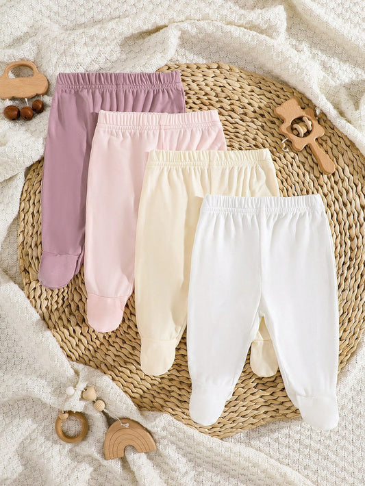 4pcs/Pack Newborn Baby Girls Footie Leggings,Soft Stretchy Ribbed Knit Solid Color White,Pink,Black,Gray Comfortable Fit Pants,0-3 Months Daily Wear