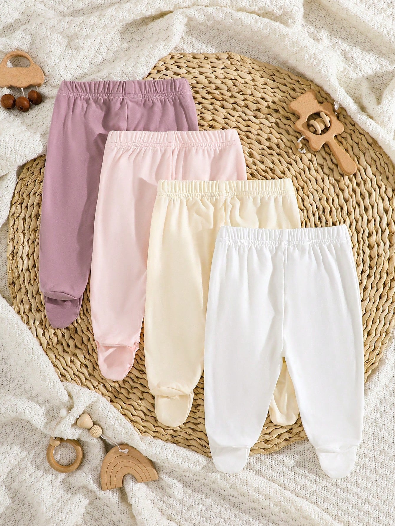 4pcs/Pack Newborn Baby Girls Footie Leggings,Soft Stretchy Ribbed Knit Solid Color White,Pink,Black,Gray Comfortable Fit Pants,0-3 Months Daily Wear