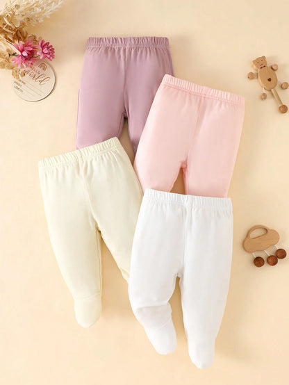 4pcs/Pack Newborn Baby Girls Footie Leggings,Soft Stretchy Ribbed Knit Solid Color White,Pink,Black,Gray Comfortable Fit Pants,0-3 Months Daily Wear