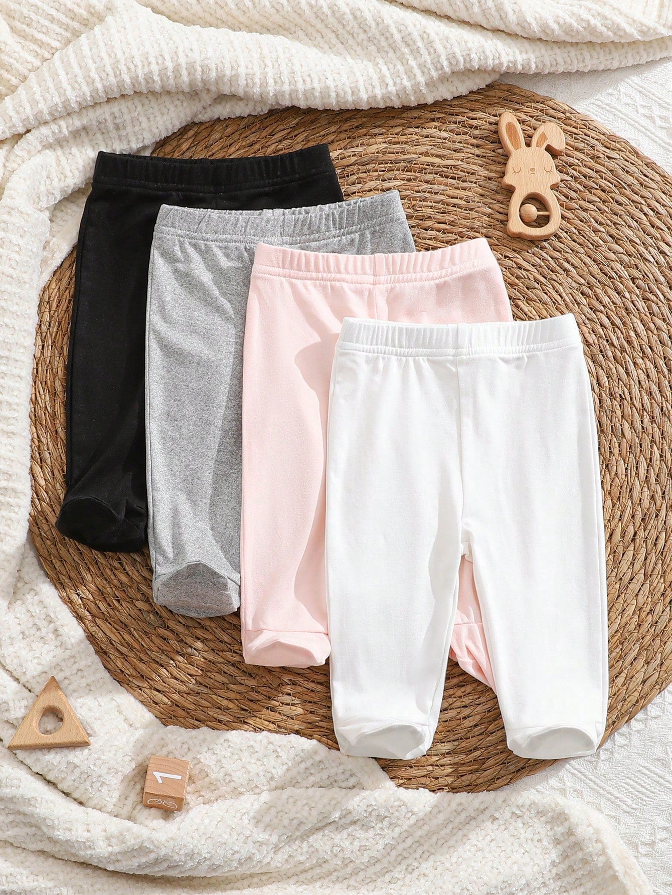 4pcs/Pack Newborn Baby Girls Footie Leggings,Soft Stretchy Ribbed Knit Solid Color White,Pink,Black,Gray Comfortable Fit Pants,0-3 Months Daily Wear