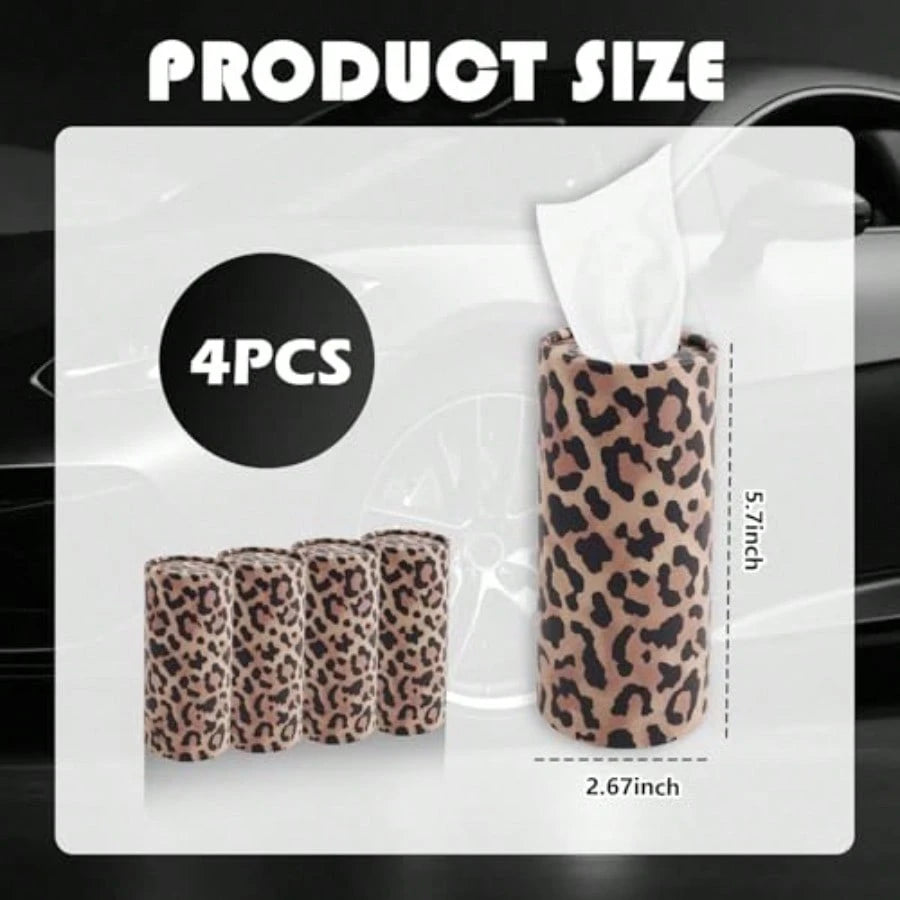 4PCS Portable Car Tissue Holder, Stylish Leopard-Print Tissues For Car Cup Holder With Replaceable Refills, Essential Cars Tissues Cylinder Leopard Print Cars Accessories