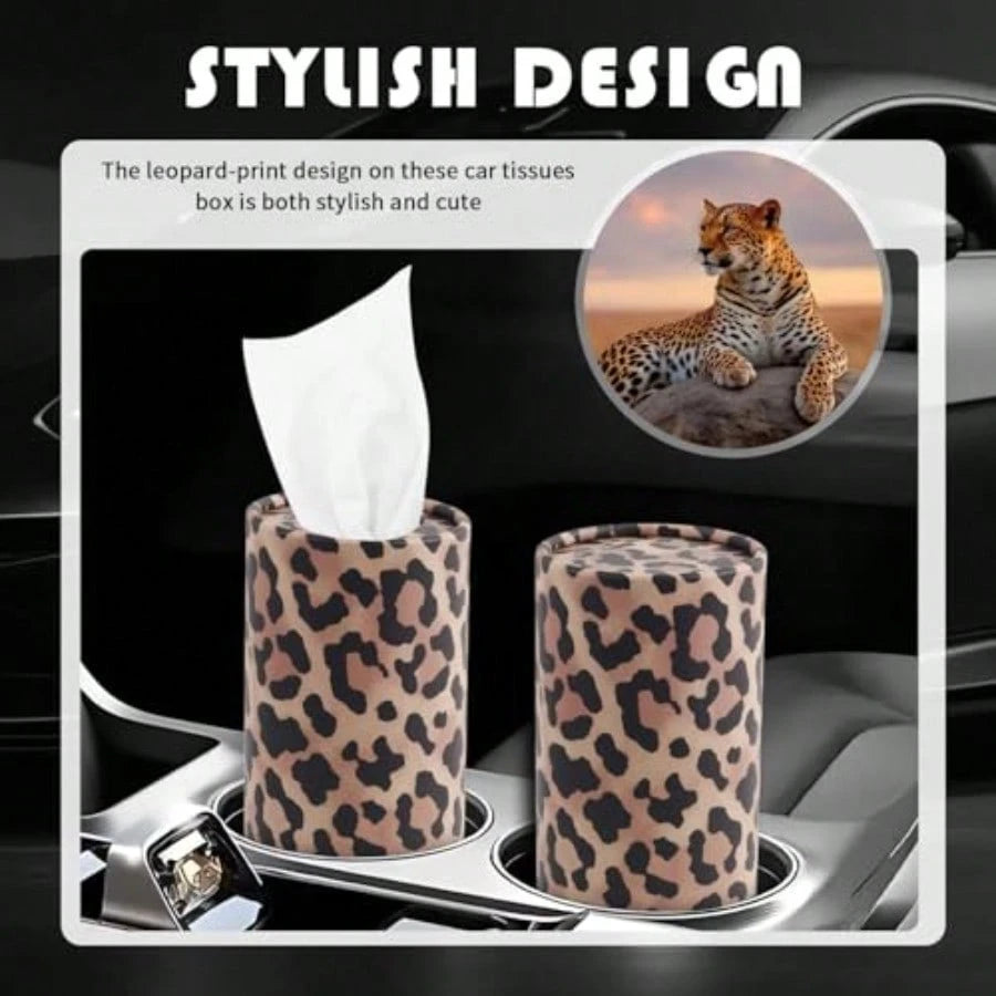 4PCS Portable Car Tissue Holder, Stylish Leopard-Print Tissues For Car Cup Holder With Replaceable Refills, Essential Cars Tissues Cylinder Leopard Print Cars Accessories