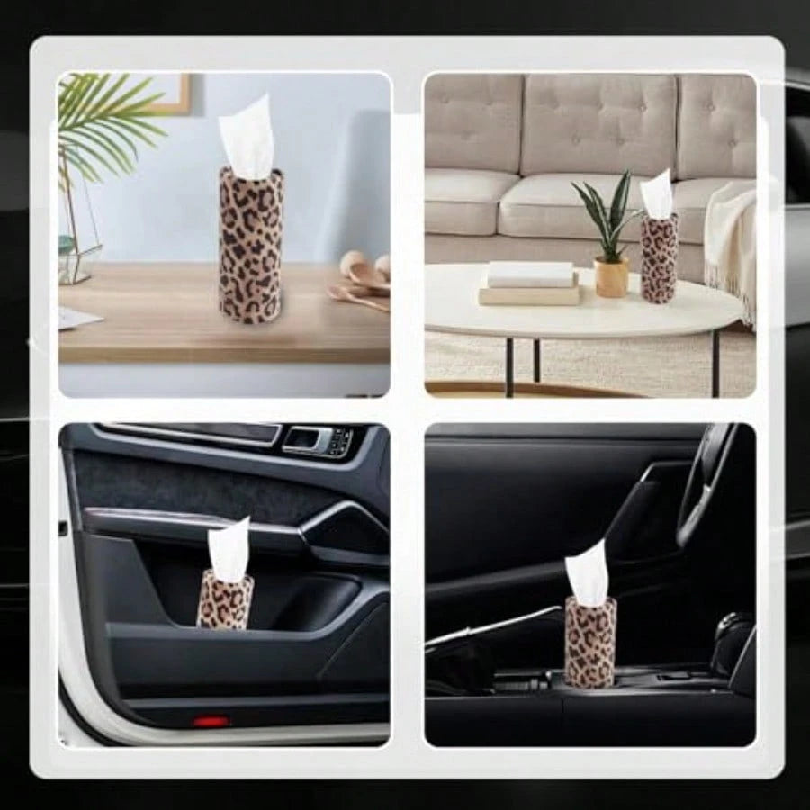 4PCS Portable Car Tissue Holder, Stylish Leopard-Print Tissues For Car Cup Holder With Replaceable Refills, Essential Cars Tissues Cylinder Leopard Print Cars Accessories