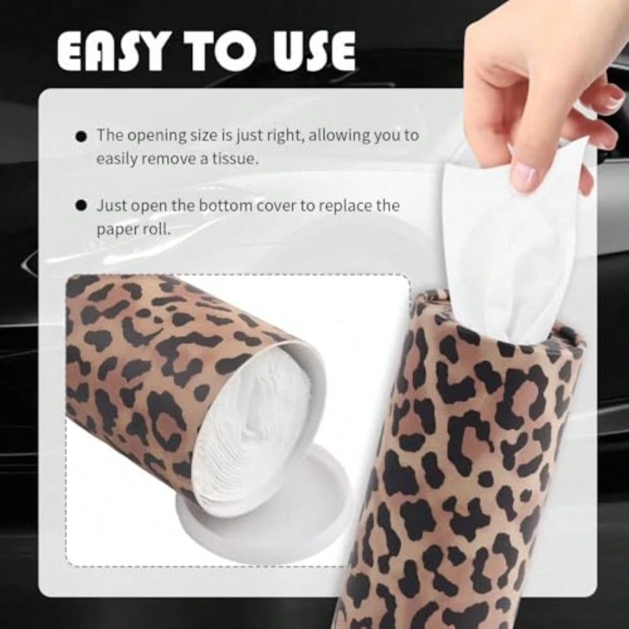 4PCS Portable Car Tissue Holder, Stylish Leopard-Print Tissues For Car Cup Holder With Replaceable Refills, Essential Cars Tissues Cylinder Leopard Print Cars Accessories
