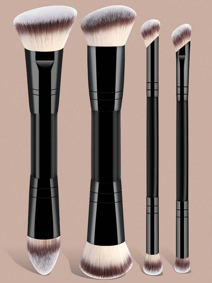 4pcs Professional Dual-Ended Makeup Brush Set- Includes Foundation Brush, Contour Brush, Blush Brush, Powder Brush, Eyeshadow Brush, Concealer Brush, Highlighter Brush, Mixing Brush. Soft Fiber Brist