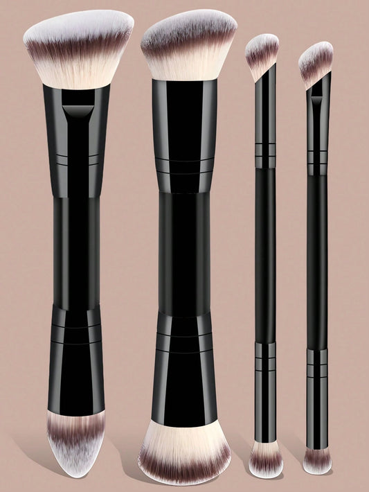 4pcs Professional Dual-Ended Makeup Brush Set- Includes Foundation Brush, Contour Brush, Blush Brush, Powder Brush, Eyeshadow Brush, Concealer Brush, Highlighter Brush, Mixing Brush. Soft Fiber Brist