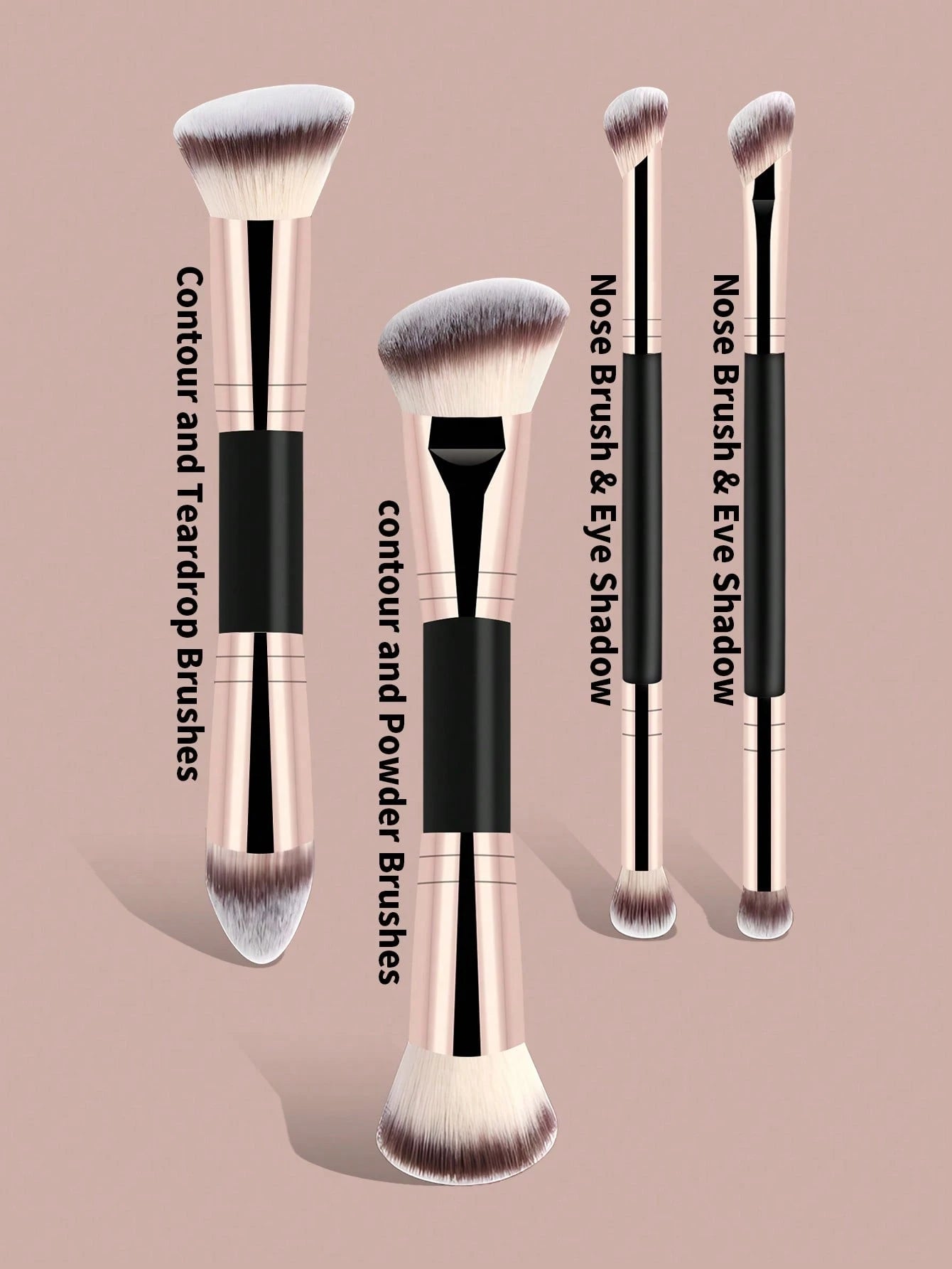 4pcs Professional Dual-Ended Makeup Brush Set- Includes Foundation Brush, Contour Brush, Blush Brush, Powder Brush, Eyeshadow Brush, Concealer Brush, Highlighter Brush, Mixing Brush. Soft Fiber Brist