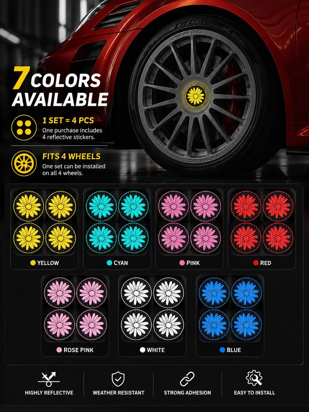 4pcs Reflective Daisy Car Stickers, Reflective Floral Flower Decals For Wheel Hub Centers, Car Windows, Body, Bumper, Wall & Laptop, Cute Car Decor, Car Accessories, Car Stuff
