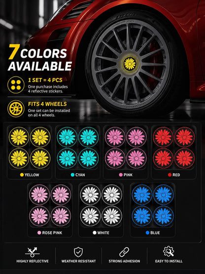 4pcs Reflective Daisy Car Stickers, Reflective Floral Flower Decals For Wheel Hub Centers, Car Windows, Body, Bumper, Wall & Laptop, Cute Car Decor, Car Accessories, Car Stuff