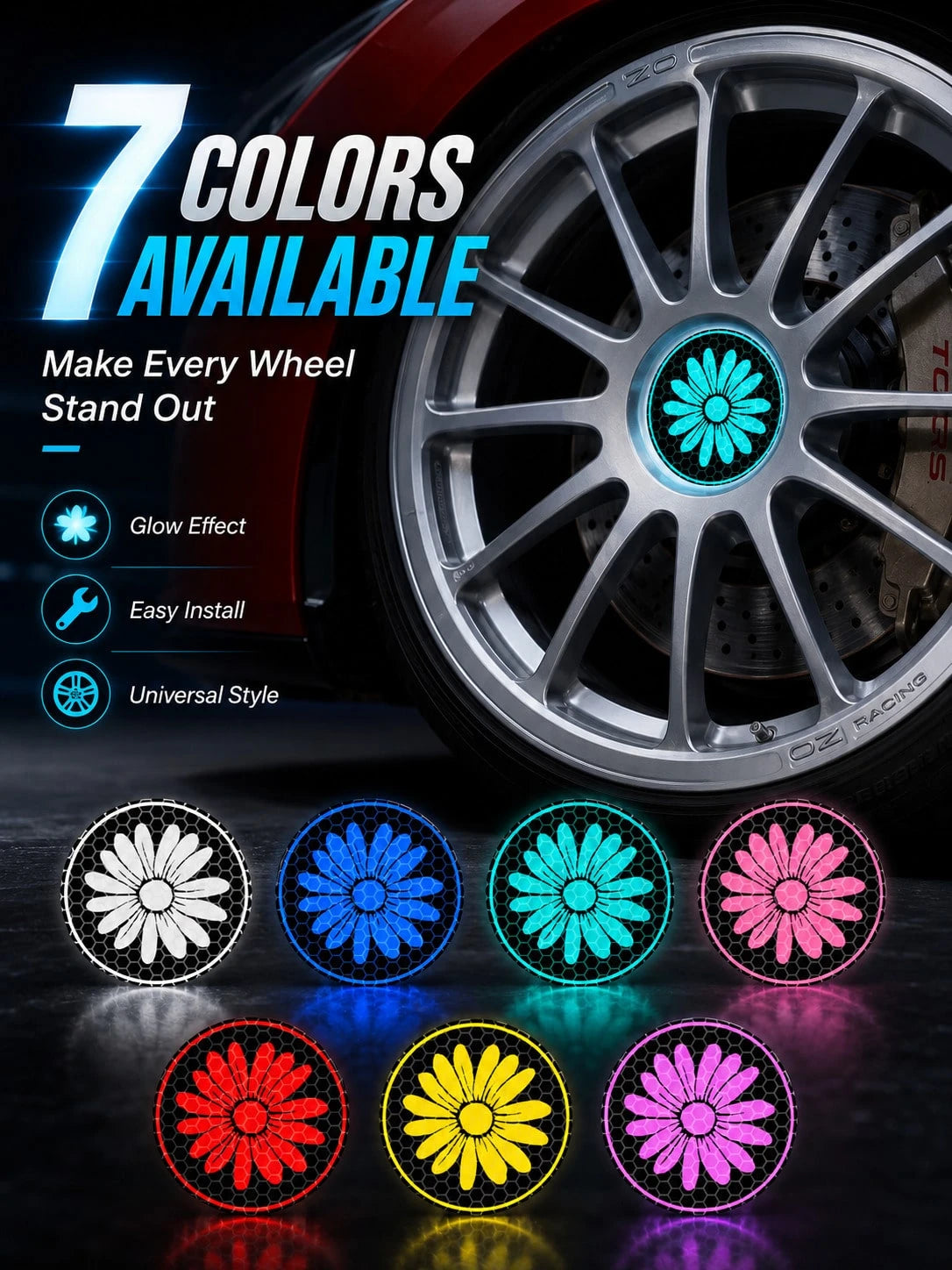 4pcs Reflective Daisy Car Stickers, Reflective Floral Flower Decals For Wheel Hub Centers, Car Windows, Body, Bumper, Wall & Laptop, Cute Car Decor, Car Accessories, Car Stuff