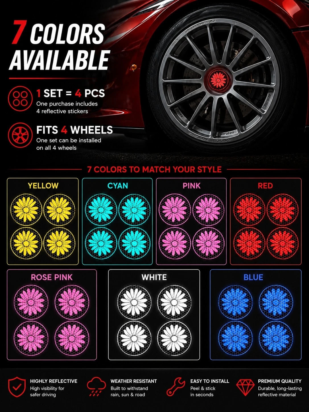 4pcs Reflective Daisy Car Stickers, Reflective Floral Flower Decals For Wheel Hub Centers, Car Windows, Body, Bumper, Wall & Laptop, Cute Car Decor, Car Accessories, Car Stuff