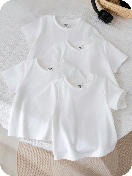 4pcs Set Baby Boy Unisex Casual Solid Color Soft Knit Crew Neck Short Sleeve T-Shirt
