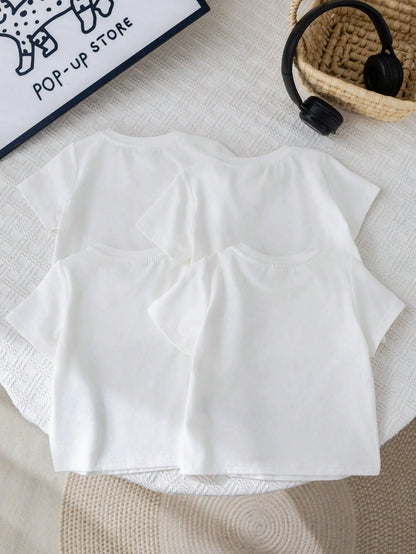 4pcs Set Baby Boy Unisex Casual Solid Color Soft Knit Crew Neck Short Sleeve T-Shirt