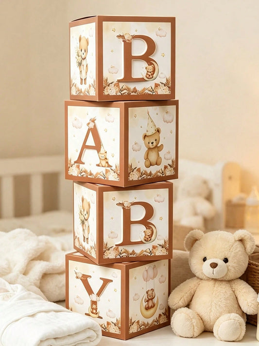 4pcs/Set, Cute Bear Theme Baby Shower Decoration Balloon Box, Suitable For Baby Shower, Newborn Boy/Girl Party Decoration, Baby Shower Photography Background, 1st Birthday Party Decoration, Party Supp