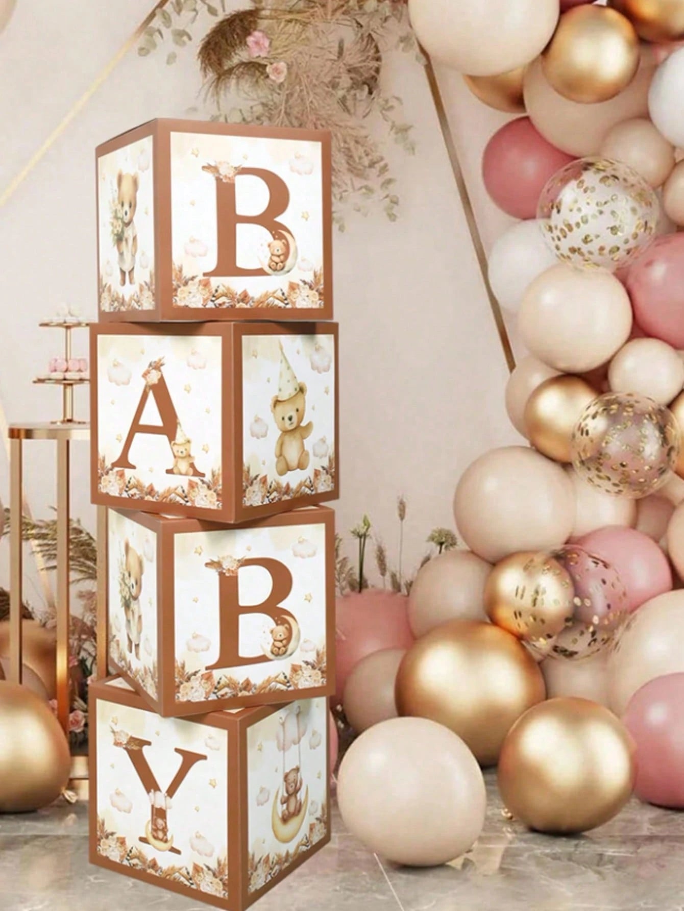 4pcs/Set, Cute Bear Theme Baby Shower Decoration Balloon Box, Suitable For Baby Shower, Newborn Boy/Girl Party Decoration, Baby Shower Photography Background, 1st Birthday Party Decoration, Party Supp