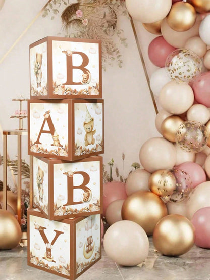4pcs/Set, Cute Bear Theme Baby Shower Decoration Balloon Box, Suitable For Baby Shower, Newborn Boy/Girl Party Decoration, Baby Shower Photography Background, 1st Birthday Party Decoration, Party Supp
