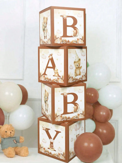 4pcs/Set, Cute Bear Theme Baby Shower Decoration Balloon Box, Suitable For Baby Shower, Newborn Boy/Girl Party Decoration, Baby Shower Photography Background, 1st Birthday Party Decoration, Party Supp