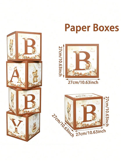 4pcs/Set, Cute Bear Theme Baby Shower Decoration Balloon Box, Suitable For Baby Shower, Newborn Boy/Girl Party Decoration, Baby Shower Photography Background, 1st Birthday Party Decoration, Party Supp