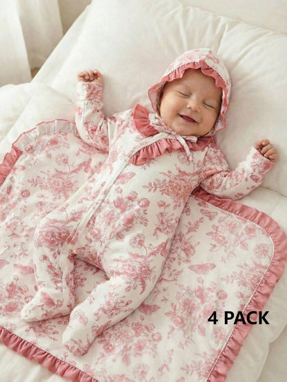 4pcs/Set Newborn Baby Gift Light Pink Cute Infant Long Sleeve Floral Romper Set Autumn Holiday Girl Clothes Includes Swaddle Hat Mittens 0-9 Months