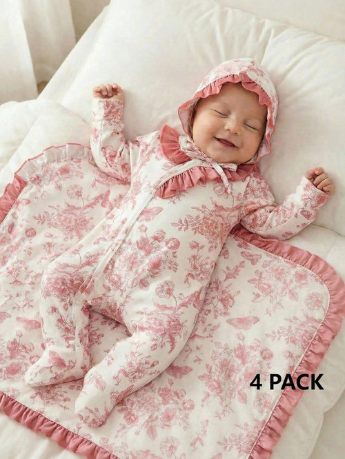 4pcs/Set Newborn Baby Gift Light Pink Cute Infant Long Sleeve Floral Romper Set Autumn Holiday Girl Clothes Includes Swaddle Hat Mittens 0-9 Months
