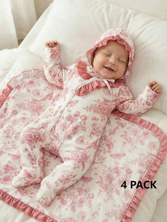 4pcs/Set Newborn Baby Gift Light Pink Cute Infant Long Sleeve Floral Romper Set Autumn Holiday Girl Clothes Includes Swaddle Hat Mittens 0-9 Months