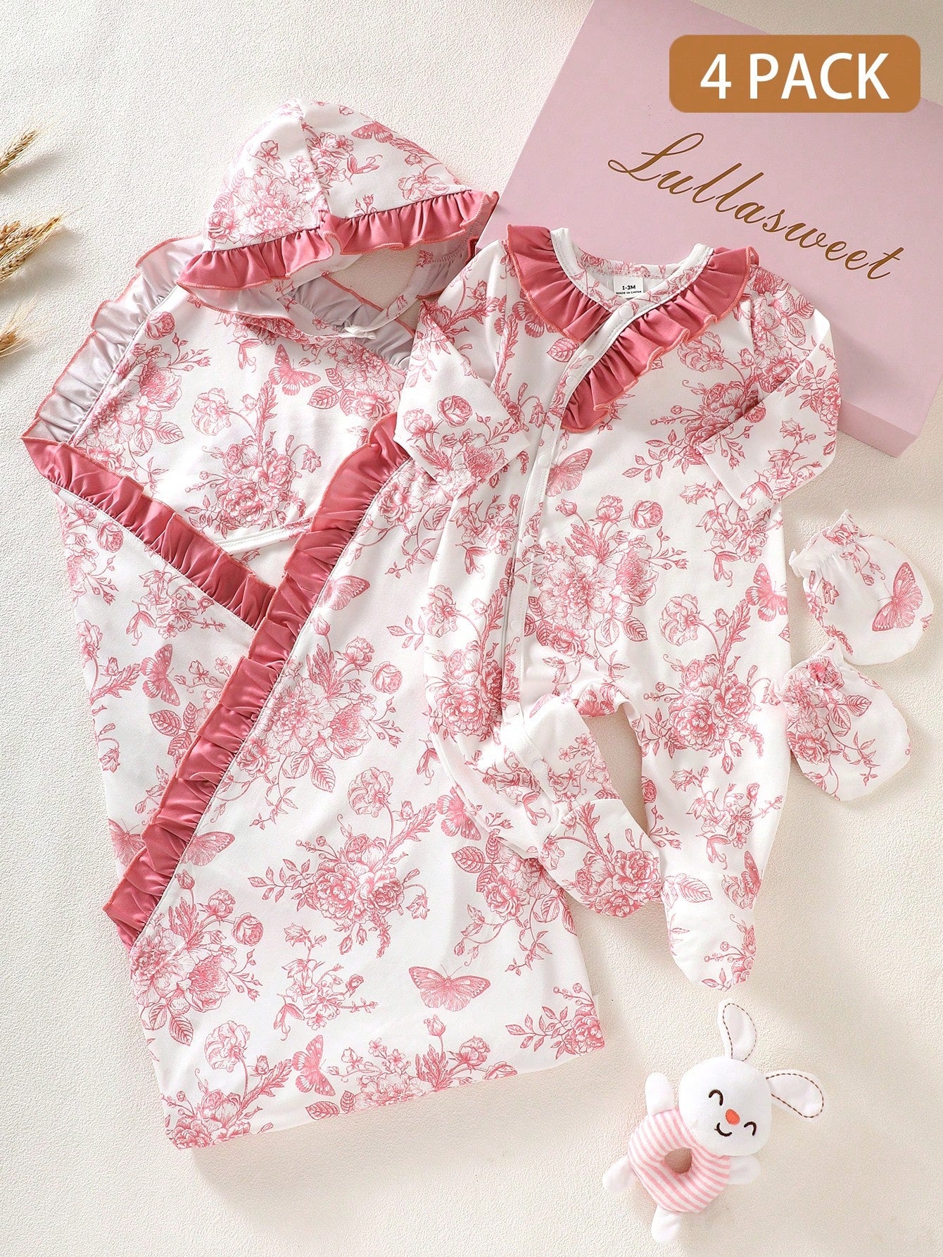 4pcs/Set Newborn Baby Gift Light Pink Cute Infant Long Sleeve Floral Romper Set Autumn Holiday Girl Clothes Includes Swaddle Hat Mittens 0-9 Months