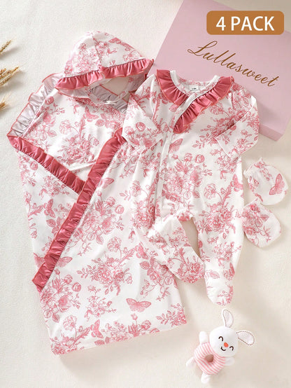 4pcs/Set Newborn Baby Gift Light Pink Cute Infant Long Sleeve Floral Romper Set Autumn Holiday Girl Clothes Includes Swaddle Hat Mittens 0-9 Months