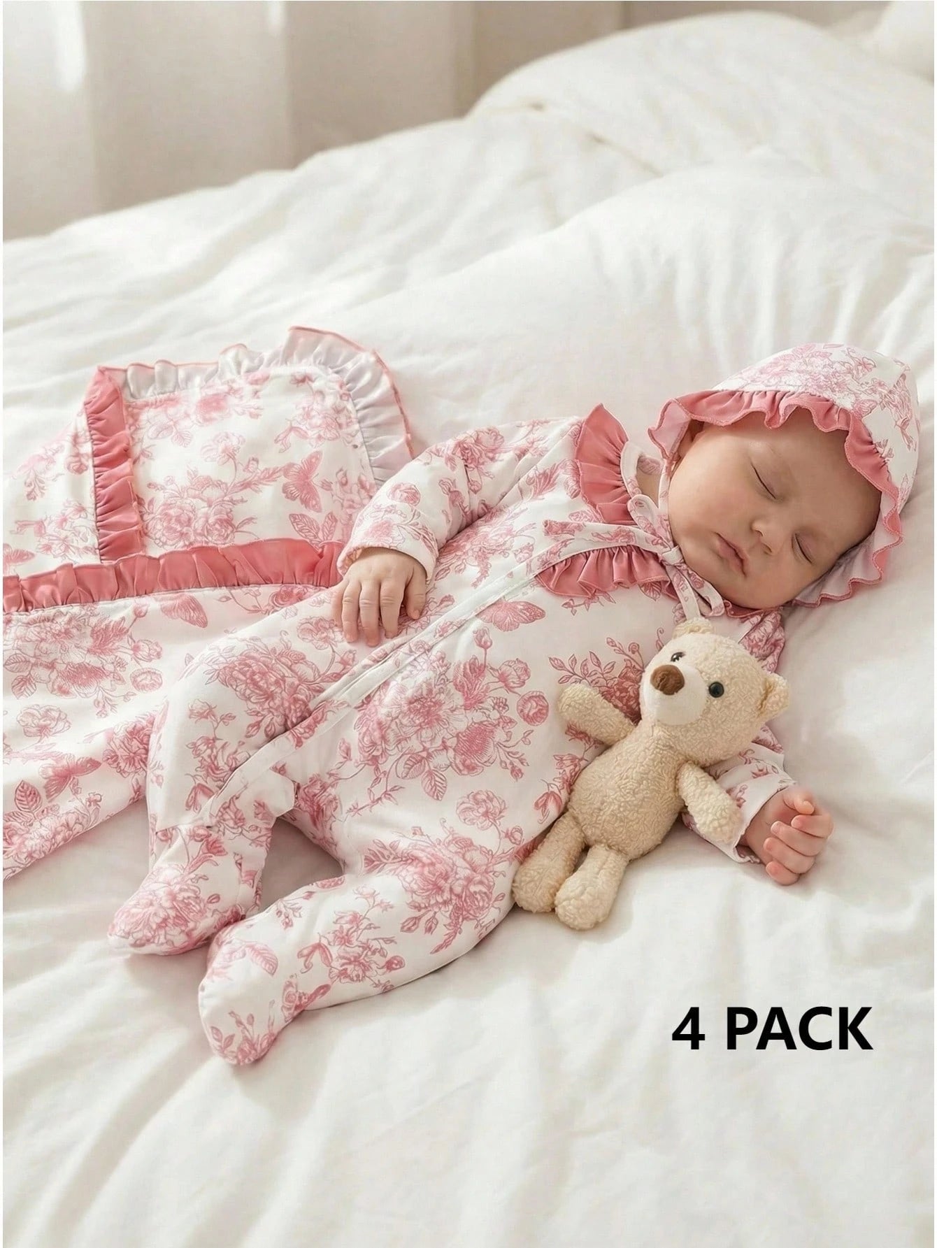 4pcs/Set Newborn Baby Gift Light Pink Cute Infant Long Sleeve Floral Romper Set Autumn Holiday Girl Clothes Includes Swaddle Hat Mittens 0-9 Months