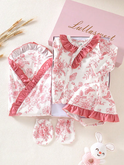 4pcs/Set Newborn Baby Gift Light Pink Cute Infant Long Sleeve Floral Romper Set Autumn Holiday Girl Clothes Includes Swaddle Hat Mittens 0-9 Months