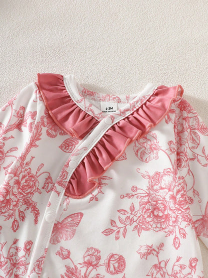 4pcs/Set Newborn Baby Gift Light Pink Cute Infant Long Sleeve Floral Romper Set Autumn Holiday Girl Clothes Includes Swaddle Hat Mittens 0-9 Months