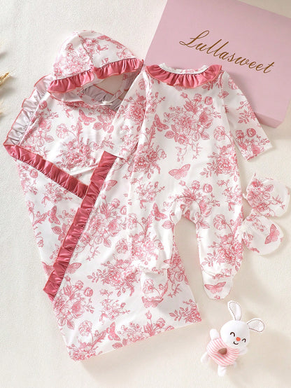 4pcs/Set Newborn Baby Gift Light Pink Cute Infant Long Sleeve Floral Romper Set Autumn Holiday Girl Clothes Includes Swaddle Hat Mittens 0-9 Months
