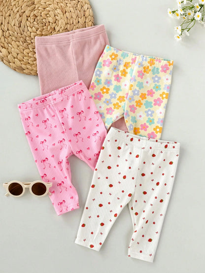 4pcs/Set Newborn Baby Girls' Casual Everyday All-Match Colorful Floral & Striped Print Bottoms, Spring/Summer